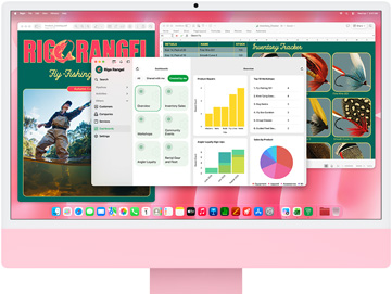 iMac, przód obudowy, kolor różowy, wiele otwartych aplikacji wyświetlających narzędzie do śledzenia zapasów, projekt katalogu wędkarskiego i pulpit biznesowy
