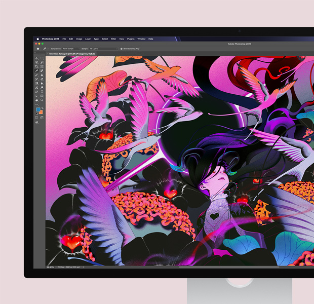 Studio Display, oprogramowanie do edycji Adobe Photoshop, na ekranie wyświetlana jest abstrakcyjna praca plastyczna
