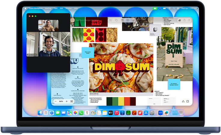 MacBook Neo w kolorze indygo, trwająca rozmowa wideo, okno aplikacji Freeform z menu, zdjęcie jedzenia i ilustracje dań z restauracji serwującej dim sum