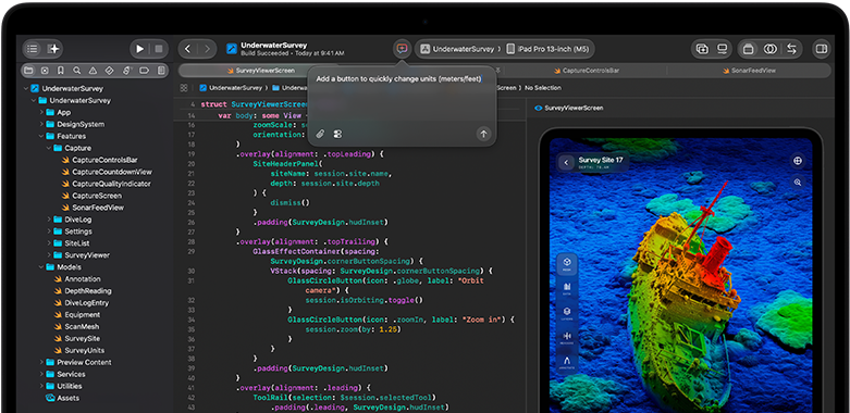 Ekran MacBooka Pro przedstawiający integrację asystenta AI w środowisku Xcode