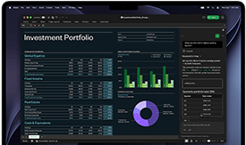 Ekran MacBooka Pro przedstawiający arkusz kalkulacyjny Excel z danymi dotyczącymi portfela inwestycyjnego, zielonym wykresem słupkowym, fioletowym wykresem pierścieniowym i paskiem bocznym Copilot z sumami kwartalnymi