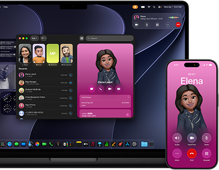 MacBook Pro i iPhone, otwarta aplikacja Telefon, ten sam kontakt wyświetlony na obu ekranach