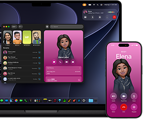 MacBook Pro i iPhone, otwarta aplikacja Telefon, ten sam kontakt wyświetlony na obu ekranach
