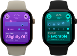 Două dispozitive Apple Watch Series 12: carcasă din aluminiu, culoare Auriu deschis, Semne vitale din timpul zilei ușor în afara limitelor normale, Digital Crown, curea Sport Nisip, carcasă din aluminiu, culoare Negru, Semne vitale din timpul nopții favorabile, Digital Crown, curea Sport neagră