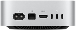 Mac mini, vedere spate, priză de alimentare, port Ethernet, port HDMI, trei porturi Thunderbolt