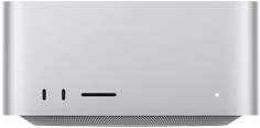 Mac Studio, vedere frontală, două porturi USB‑C, slot card SDXC, indicator luminos de stare, bază conică în partea de jos, suprafață plată în partea de sus, laturi rotunjite, margini drepte, culoare Argintiu, Mac Studio, vedere spate, aerisire din aluminiu perforat, patru porturi Thunderbolt 5, un port Ethernet, o priză de alimentare, două porturi USB-A, un port HDMI, mufă pentru căști și buton de pornire