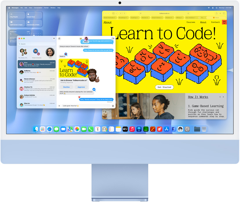 iMac, front exterior, blue color, displaying Messages app and a 'Learn to Code' website