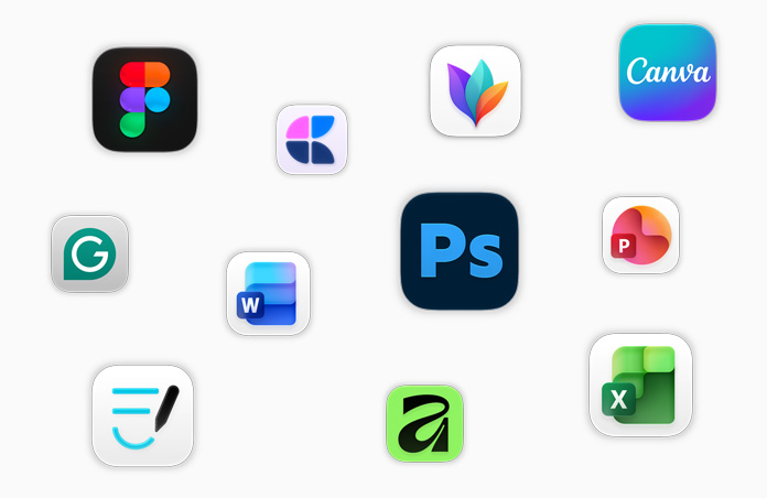 Various app icons floating on screen, including Adobe Photoshop, Canva, Microsoft Excel, and Figma
