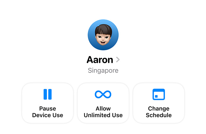 Settings app options for a parent to Pause Device Use, Allow Unlimited Use, or Change Schedule for their child