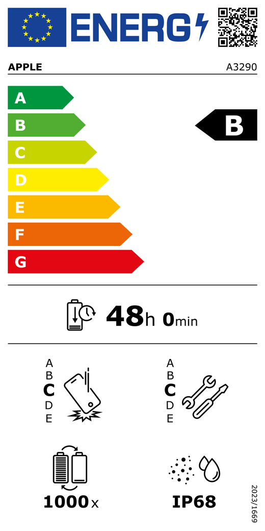 EU Energy Label QR code and information, Apple model A3290, class B, energy efficiency classes (with a scale from A to G), A (most efficient) to G (least efficient), battery endurance per cycle, 48 hours and 0 minutes per full battery charge, repeated free fall reliability class C, A (most robust) to E (least robust), repairability class C, A (most repairable) to E (least repairable), 1000 battery endurance in cycles, dust and water ingress protection (IP) rating IP68, regulation 2023/1669