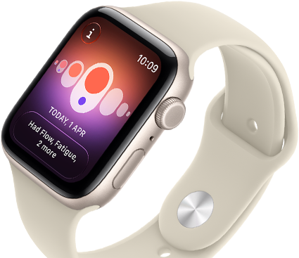 Apple&nbsp;Watch Se&nbsp;3, hliníkový kryt vo&nbsp;farbe hviezdna biela, Sledovanie&nbsp;cyklu s&nbsp;rôznymi menštruačnými príznakmi, pohľad zvonku na&nbsp;pravú stranu, korunka Digital&nbsp;Crown, bočné tlačidlo, športový remienok vo&nbsp;farbe piesková béžová