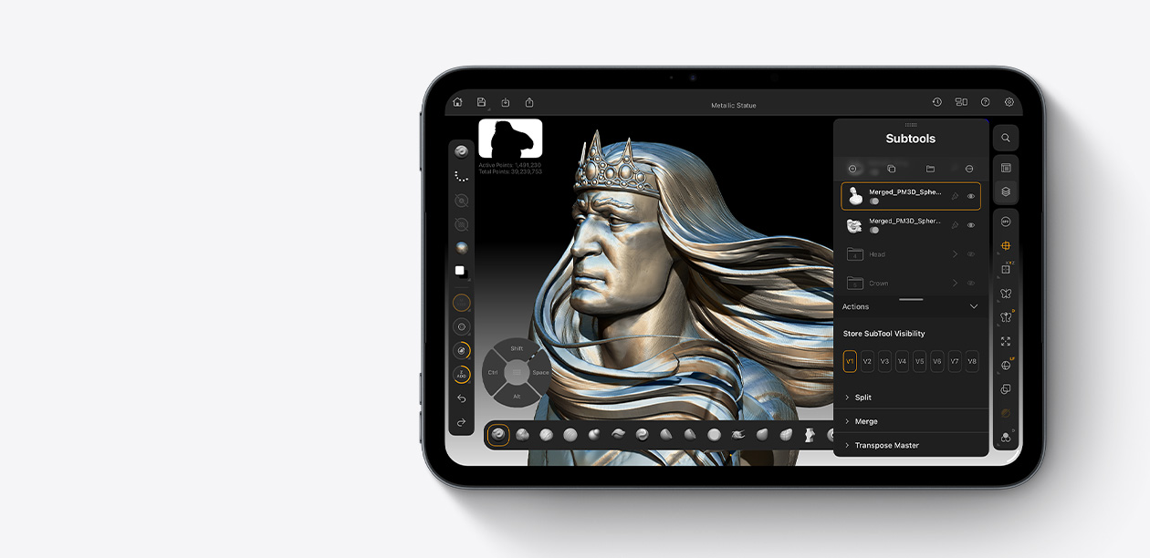 iPad mini in Midnight color displaying a 3D rendering app, featuring a metallic king bust with a crown, long hair, and detailed armor.
