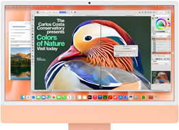 iMac, önden dış görünüm, turuncu, ekranda yapay zeka araçları içeren bir görsel düzenleme uygulaması ve arka planda Mail uygulaması gösteriliyor
