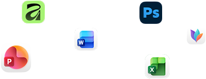 Ekranda Microsoft Word, Adobe Photoshop, Canva ve Figma gibi çeşitli uygulamaların simgeleri süzülüyor