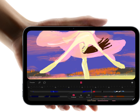 iPad mini, elde tutuluyor, önden görünüm, renkli klipler içeren video düzenleme arayüzü gösteriliyor, aşağıda A20 Pro çip belirtiliyor