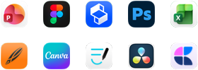 İki sıra halinde dizilmiş on adet uygulama simgesi: PowerPoint, Figma, Shapr3D, Photoshop, Excel, Linearity, Canva, GoodNotes, DaVinci Resolve, Craft