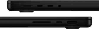 MacBook Pro’daki bağlantı noktaları gösteriliyor: Sol tarafta MagSafe, iki adet Thunderbolt bağlantı noktası ve kulaklık jakı; sağ tarafta SDXC, bir adet Thunderbolt bağlantı noktası ve HDMI