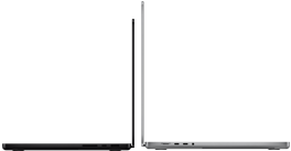 Uzay siyahı 14 inç MacBook Pro ve yanında gümüş rengi 16 inç MacBook Pro