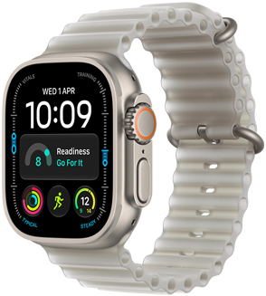 Apple Watch Ultra 4, титановий корпус натурального кольору, циферблат «Модулі» з показниками: дата й час, готовність, серцевий ритм, тренування з бігу, погода; з правого боку — коронка Digital Crown і рельєфна бічна кнопка; ремінець Ocean напівпрозорого сірого кольору
