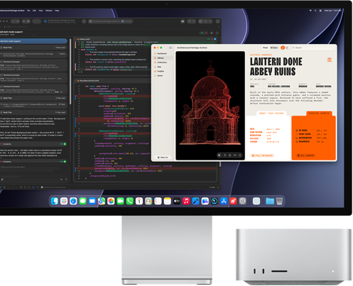 Studio Display XDR, на екрані показано оброблення документа в Claude Agent у XCode, Mac Studio, вид спереду
