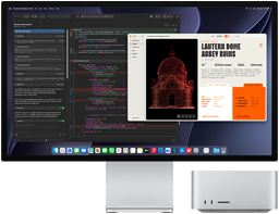 Studio Display XDR, на екрані показано оброблення документа в Claude Agent у XCode, Mac Studio, вид спереду