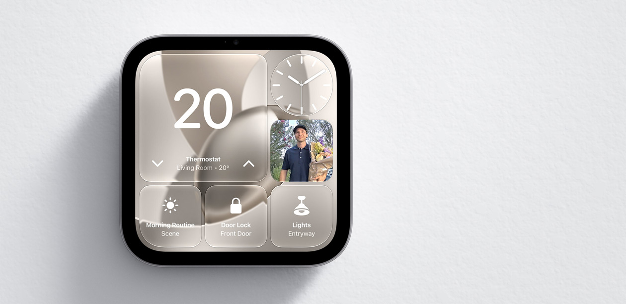 Apple HomeView, screen shows Home app with thermostat at 20 degrees, clock, front door camera feed, Morning Routine scene, door lock and light controls