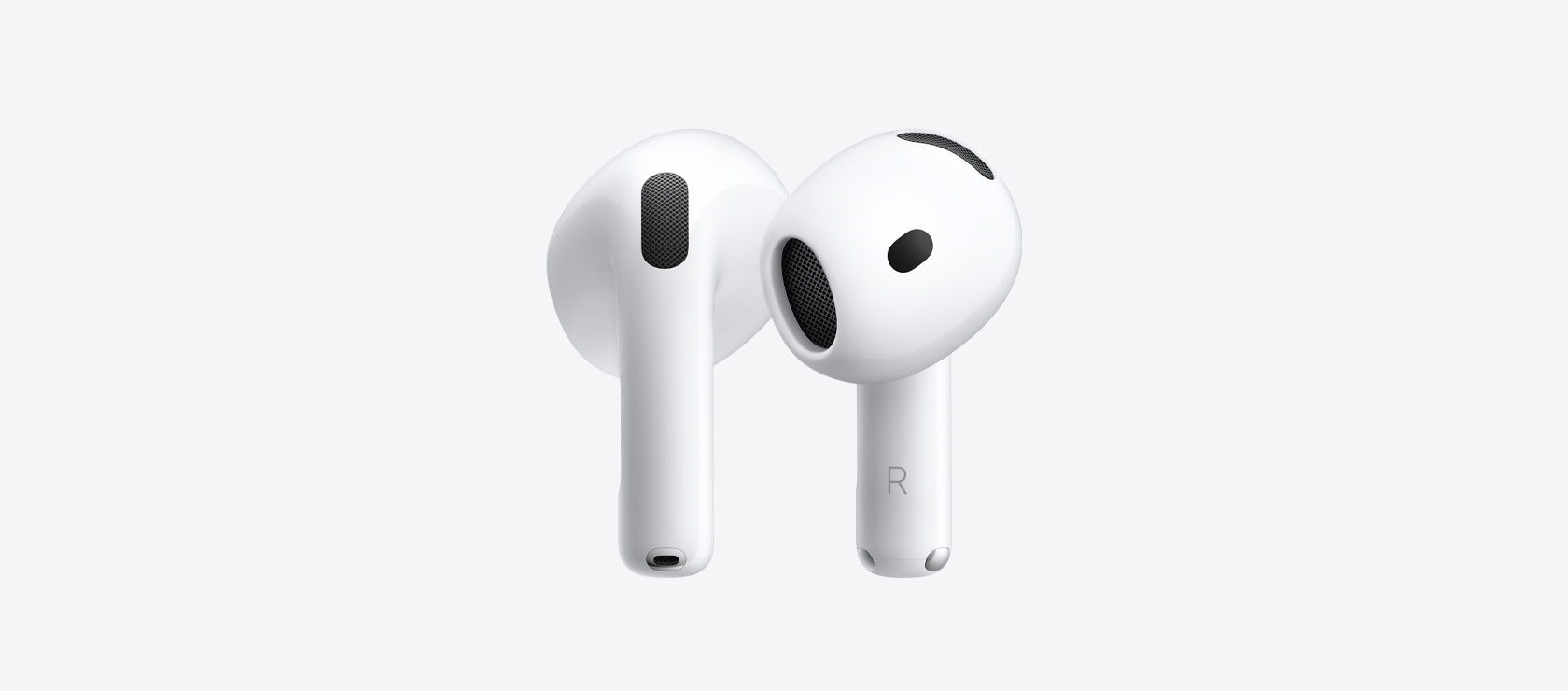 AirPods 5: Kabellose In‑Ear Kopfhörer, Farbe Weiß, ovale Form, Ohreinsatz mit akustischem Lautsprechergewebe innen, kurzes Ende mit silbernem Ladeanschluss, Buchstaben markieren den linken und rechten In-Ear Kopfhörer