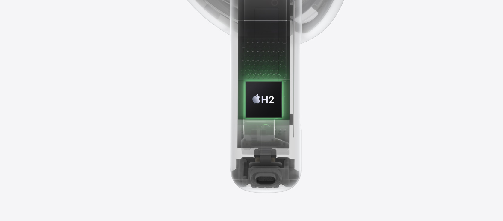 AirPods 5 innere Architektur, der H2 Chip innen im unteren Ende ist hervorgehoben.