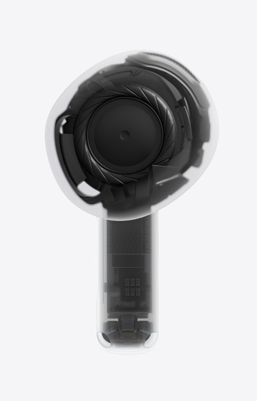 AirPods 5, In‑Ear Kopfhörer, einzelnes unteres Ende, durchsichtig, innere Architektur