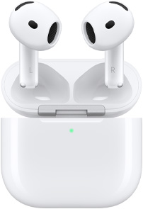 Кутия за безжично зареждане на AirPods 5, отворена, с AirPods, носещи се над нея.