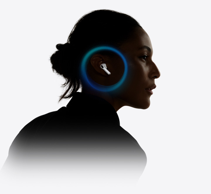 Pessoa a usar os AirPods Pro 3 com ondas sonoras à volta do ouvido.
