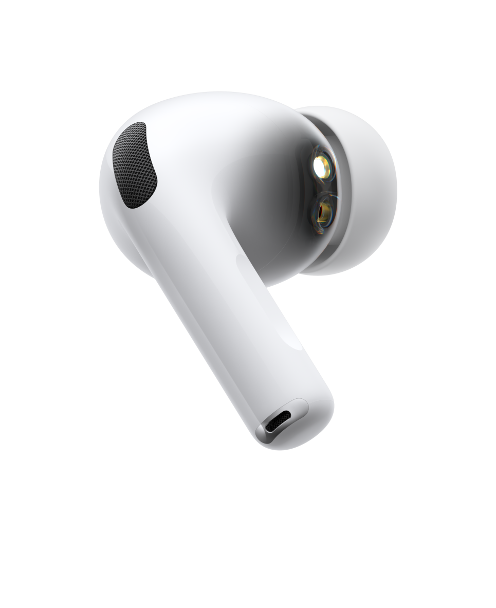 AirPods Pro 3, juhtmevaba kõrvaklapp, valge värv, välislülg, lühike torujas klapivars, mürasummutusega mikrofon, silikoonist otsik, pulseeriv laine