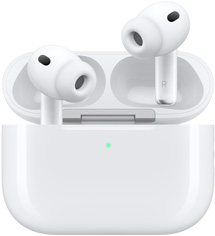 AirPods Pro 3 e estojo de recarga MagSafe (USB-C) na cor branca com a parte externa arredondada, indicador LED de energia, estojo aberto com fones de ouvido sem fio com pontas de silicone, interior das hastes com as letras L e R