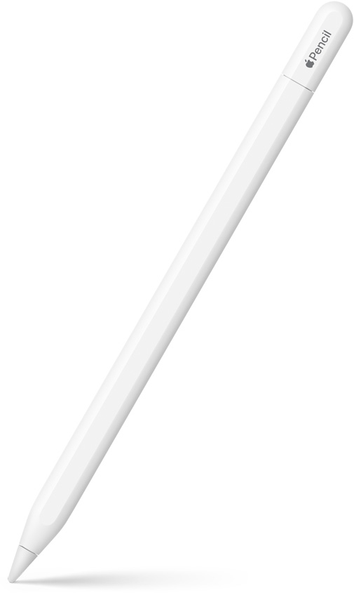 Apple Pencil USB-C, upright at an angle with the tip pointing down. The top is curved and shows where the top slides open to connect to a USB-C cable. An Apple logo and name of the product is shown at the top. A shadow effect is shown at the bottom.