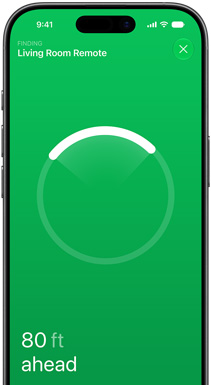 iPhone, app Localiser à l’écran, texte indiquant : Recherche télécommande salon, cercle de localisation circulaire avec arc lumineux pointant vers la direction de la télécommande, texte indiquant : 24,4 m de distance