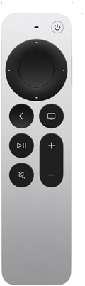 Vooraanzicht van Siri Remote, zilverkleurig aluminium, clickpad en knoppen