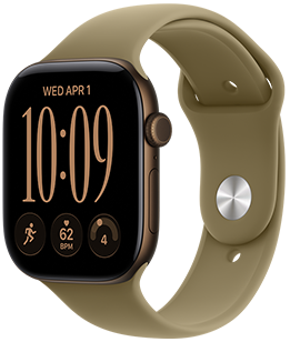 Apple Watch Series 12, aluminiumboett i mörk brons, urtavlan Moduler, komplikationer: dag och datum, Träningar, puls, dagsform, höger sida, Digital Crown, sidoknapp, sportband i färgen oliv