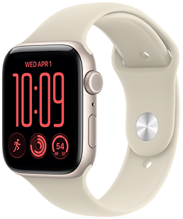 Apple Watch SE 3, aluminiumboett i färgen stjärnglans, urtavlan Moduler, komplikationer: dag och datum, Träningar, aktivitetsringar, temperatur, höger sida, Digital Crown, sidoknapp, sportband i färgen sand