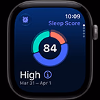 Apple Watch Series 12, aluminiumboett i rymdgrå, cirkeldiagram med sömnpoäng, höger sida, Digital Crown