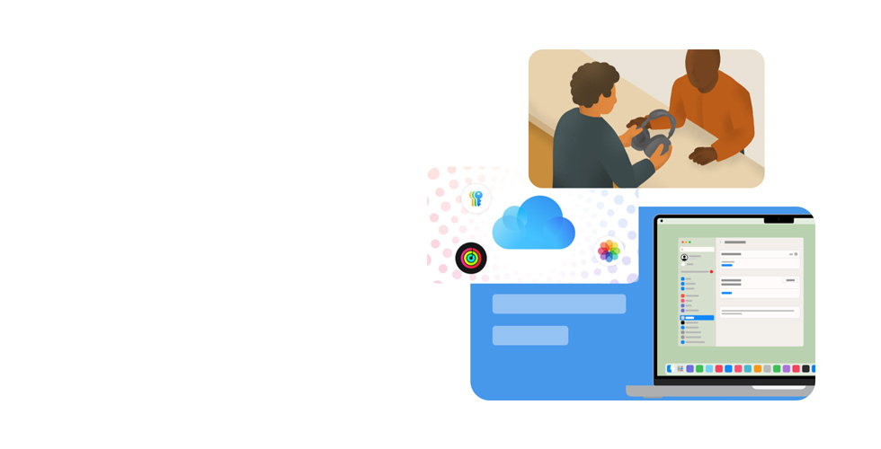 Ilustrasi bergaya seorang tenaga ahli Apple sedang memegang headphone pelanggan. Di bawahnya terdapat gambar layar MacBook yang menampilkan antarmuka Pengaturan Sistem, dikelilingi oleh ikon ilustrasi yang mewakili Kata Sandi, iCloud, Apple Fitness, dan Foto.