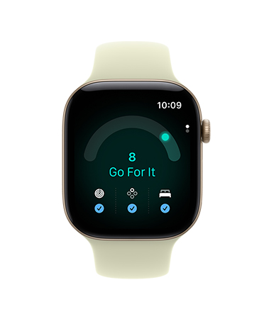 Apple Watch Series 12, világos aranyszínű alumíniumtok, Felkészültség app 8-as felkészültségi pontszámmal, halvány szukkulens (világos sárgászöld) sportszíj