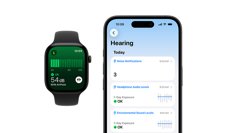 Apple Watch Series 12, fekete alumíniumtok, Zaj app, fekete sportszíj, a párosított iPhone-on meg van nyitva a Hallás részletes napi összegzése