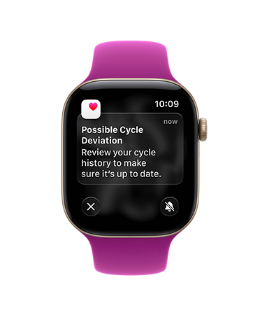 Apple Watch Series 12, világos aranyszínű alumíniumtok, lehetséges cikluseltérésről szóló értesítés, magenta sportszíj