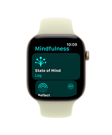 Apple Watch Series 12, világos aranyszínű alumíniumtok, megnyitott Tudatosság app, halvány szukkulens (világos sárgászöld) sportszíj