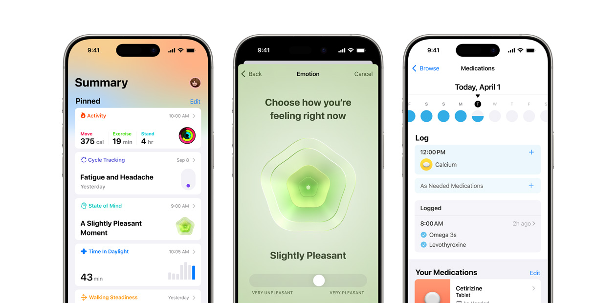 Tres dispositivos iPhone con la app Salud de Apple.