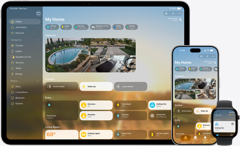 تطبيق المنزل يظهر على أجهزة iPad وiPhone وApple Watch، وكل جهاز يعرض لوحة معلومات "منزلي" مع الكاميرات والجو الداخلي والمشاهد وعناصر التحكم في الأجهزة.