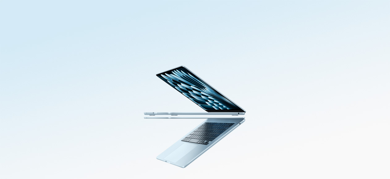 Two open MacBook Air laptops in sky blue colour forming arrow shape, emphasizing narrow profile