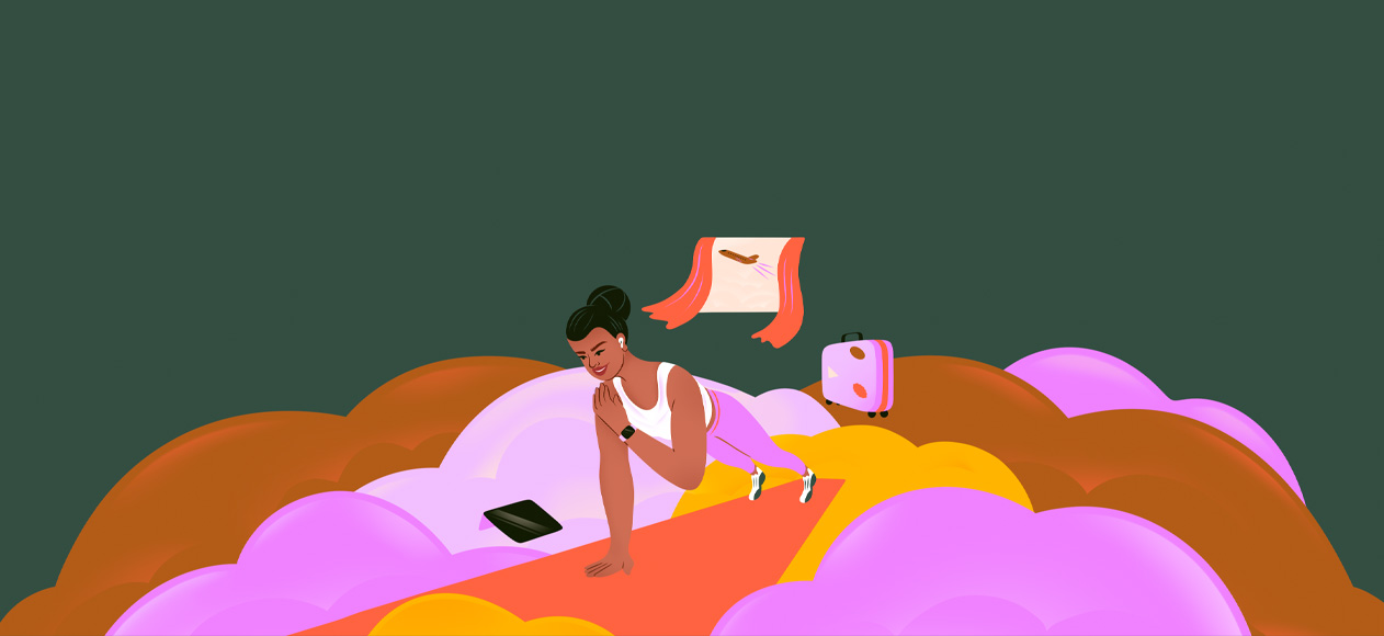 Illustration, a woman in athletic clothing doing push-ups on pink, yellow and orange clouds, an iPad sits next to her, a suitcase behind her, a window in the background shows an airplane flying