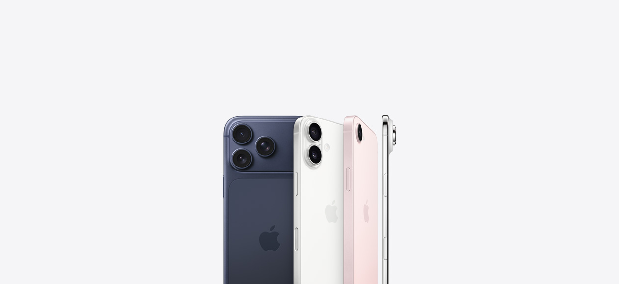 iPhone 17 Pro, back exterior, deep blue colour, Pro Fusion camera system in top left corner, Apple logo in centre, iPhone 17, back exterior, white colour, Dual Fusion camera system in top left corner, Apple logo in centre, iPhone 17e, back exterior, soft pink colour, Fusion camera system in top left corner, Apple logo in centre, iPhone Air, side, titanium frame profile and Fusion camera system in top left corner