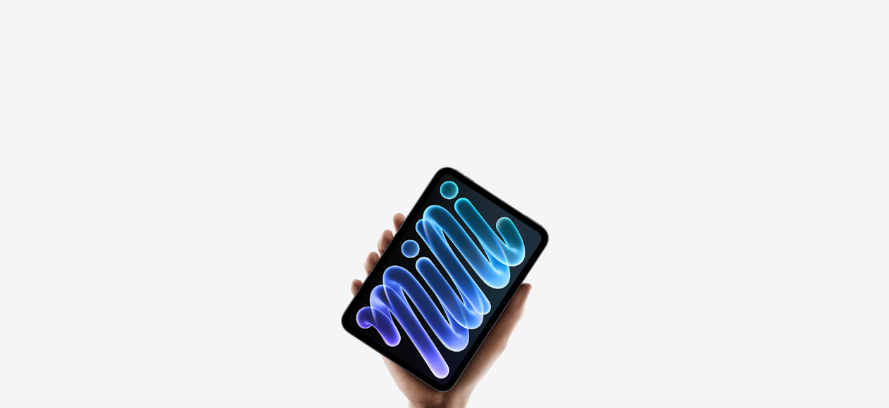 iPad mini, black, front screen showing blue abstract design